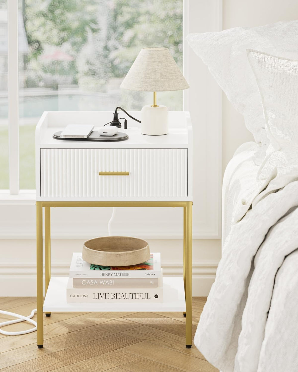 Nightstand with Charging Station, 3-Tier Bed Side Table, Small End Table, Nig...