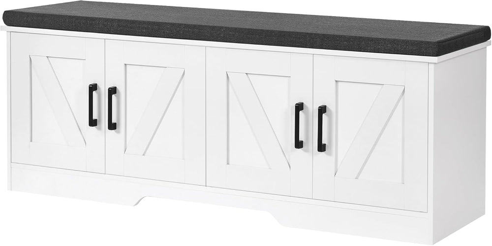HOMSHO Farmhouse Shoe Storage Bench with 4 Barn Doors & Padded Seat Cushi...