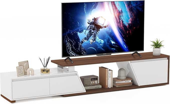 Verano Garden Extendable TV Stand with Led Lights, Wood TV Media Console with 2 Drawers & 1 Cabinet, Modern Entertainment Center Up to 90 Inch TV for Living Room Bedroom, 63" - 90.6" (White & Walnut)
