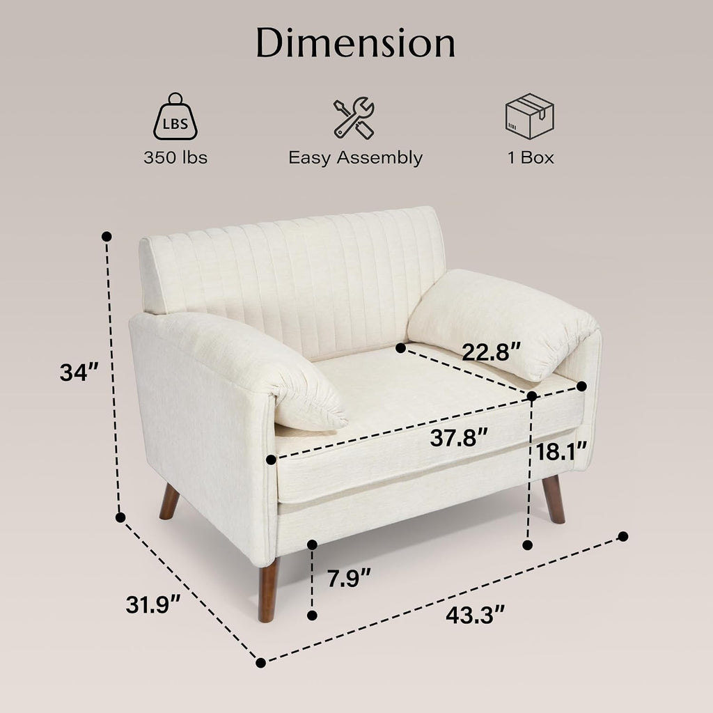 Modern Oversized Accent Reading Chair for Living Room, 43", Chenille, Beige | Piping Single Armchair with Quilting Backrest, Padded Arms, Wood Legs for Bedroom, Office, Reception Area