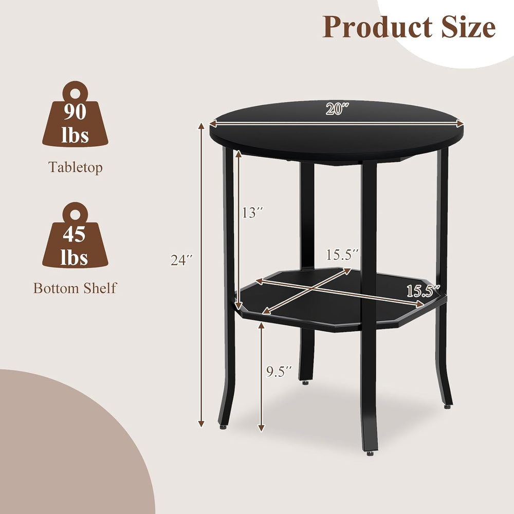 GOFLAME 2-Tier Round End Table, 20” Couch Sofa Side Table with Octagonal Stor...