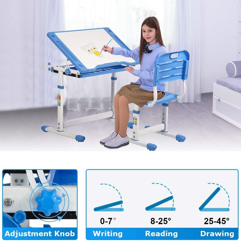 Dkeli Kids Desk and Chair Set Adjustable Height Ergonomic Children's Table with Storage Drawer Kids Study Homework Desk Table for 3-15 Years Old (Blue)