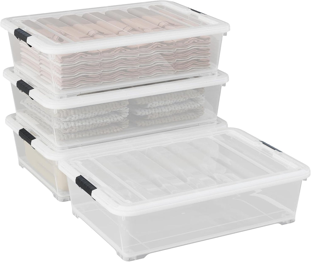 50 Quart Plastic Under Bed Storage Container, 4-Pack Large Clear Latching Storage Box with Wheels