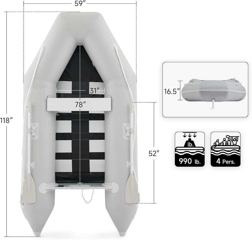 CO-Z 10ft Inflatable Dinghy Boat for 4 Adults, 990lb PVC Raft with Oars