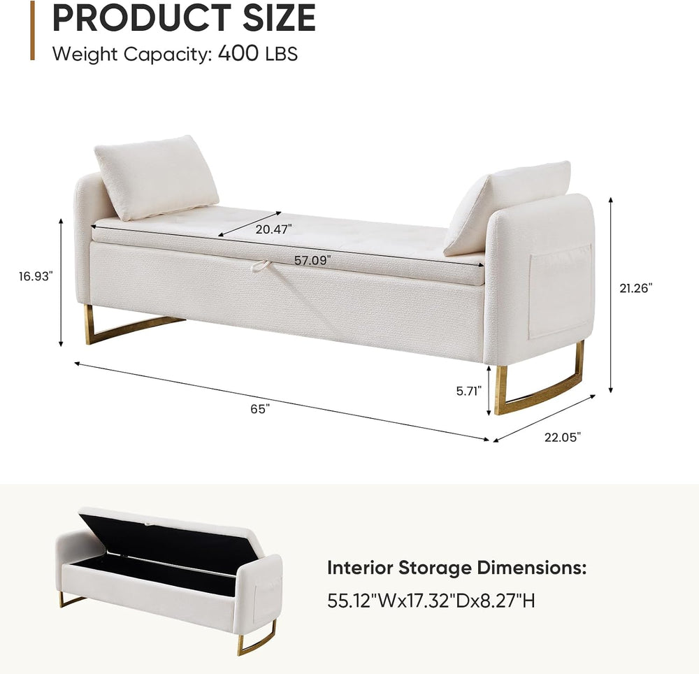 Storage Bench for Bedroom, 65 Inch End of Bed Storage Bench Cream | Chenille ...