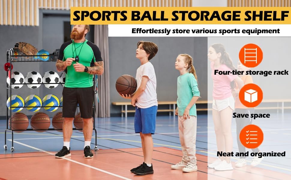 Ball Storage - Basketball Cart With Wheels Garage Volleyball Storage Sport Equipment Holder Organizer For Indoor Outdoor,Metal Storage Rack For Playgroup,Gym And School