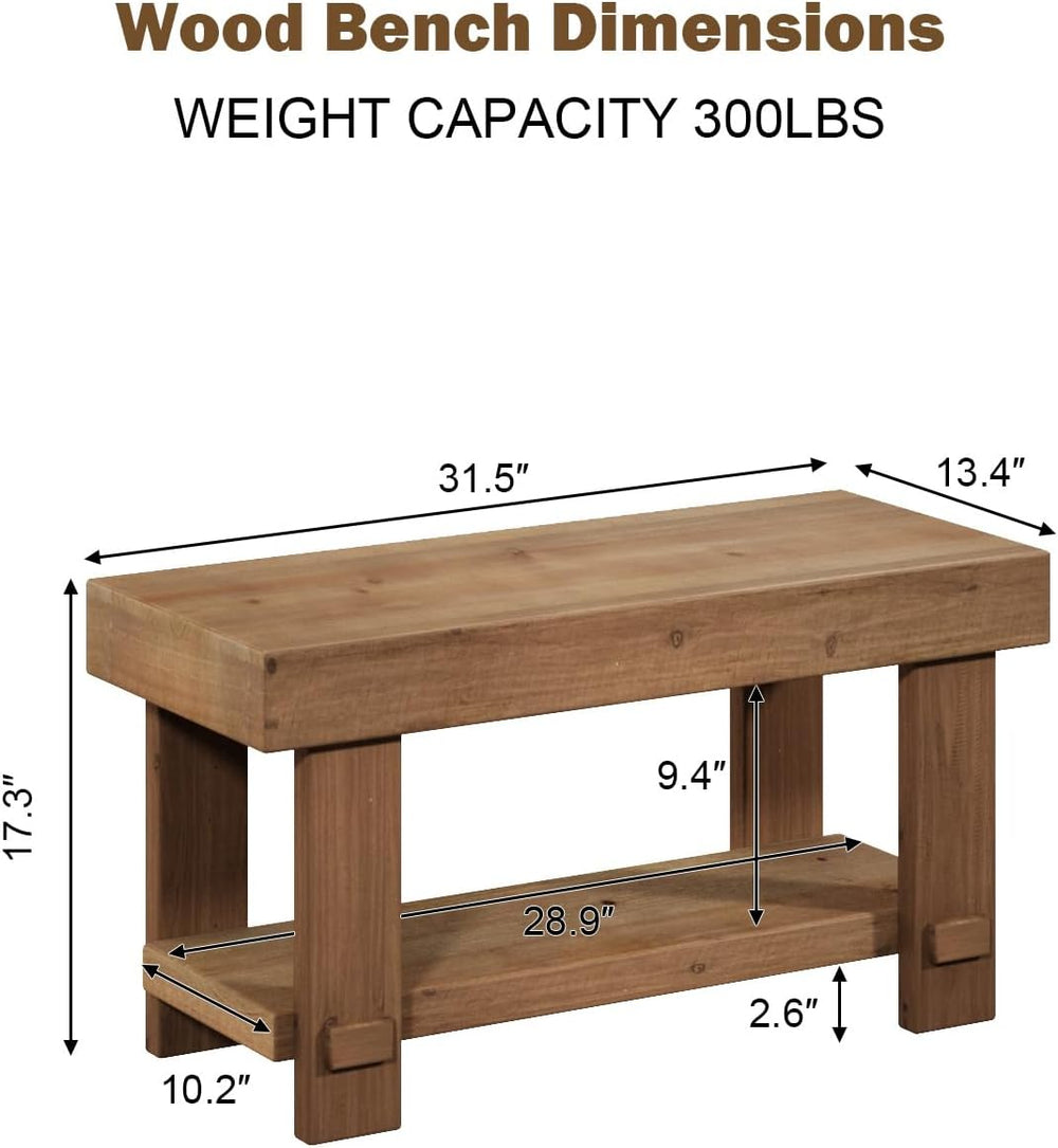 31.5" Solid Wood Bench, Small Farmhouse Narrow Storage Bench, Natural | ...