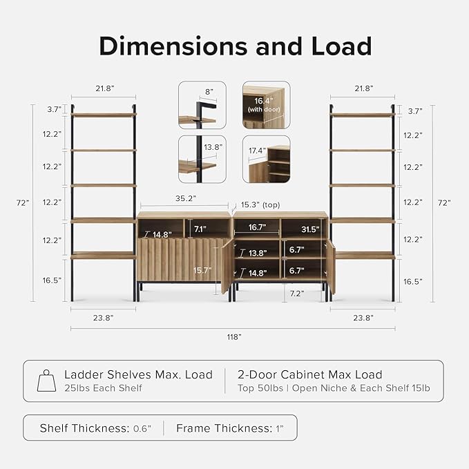 mopio Norwin 4 Piece Entertainment Center with Storage, 70" TV Stand, Industrial Modern Television Accent Cabinet, Oak Wood Media Console Table with 5-Tier Shelf Bookcase (5-Tier Cabinet Set)