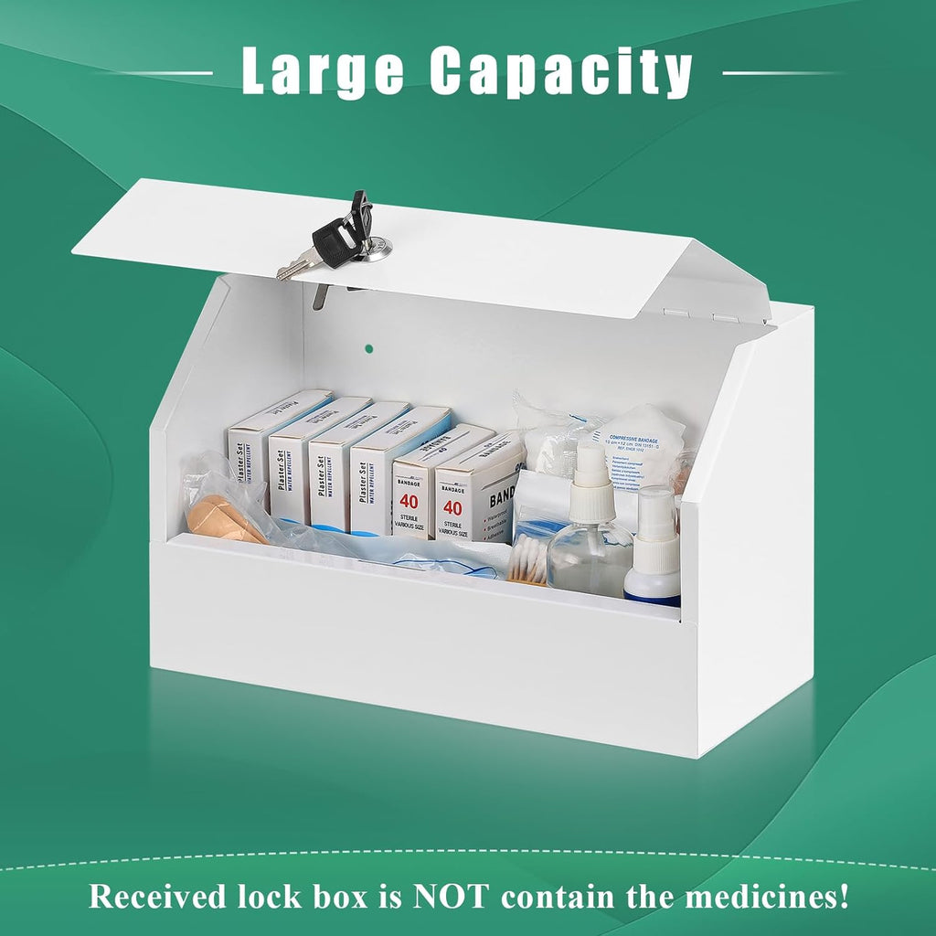 KYODOLED Wall Mount Medicine Lock Box, Drug Cabinet with Key, Large Capacity Secure Steel Prescription, First Aid Kit for Emergencies Home and School use, White, 12.2 * 5.9 * 7.87 inch