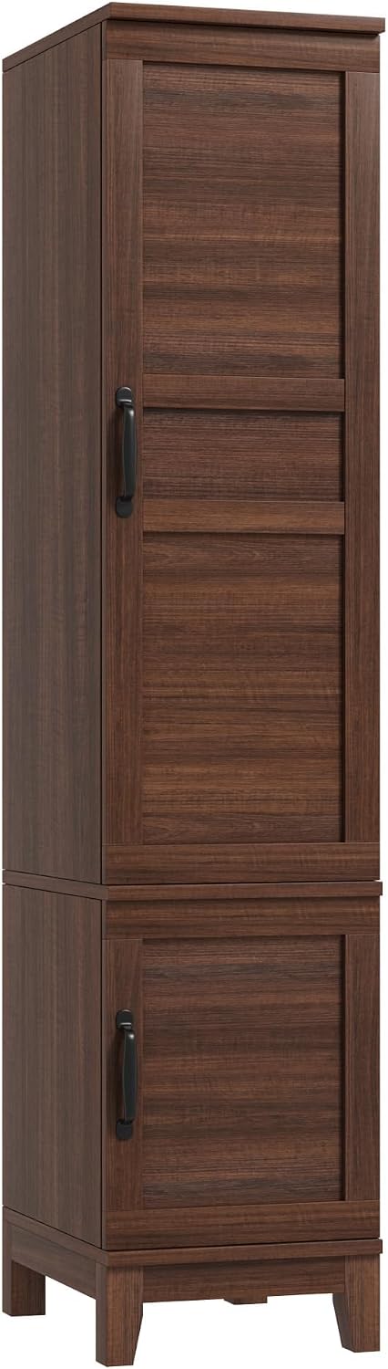 Heavy Duty Wooden Armoire Wardrobe Closet – 2 Doors, 72" Tall, Hanging Rod, 18 Adjustable Shelves, Narrow Bedroom Storage Organizer – Walnut Finish, Brown