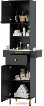 Salon Stations for Hair Stylist, Barber Station w/Glass Shelf & Golden Handles, Hair Salon Station Beauty Salon Spa Equipment w/6 Hair Dryer Holders, 2 Storage Cabinet & Drawers(Black)
