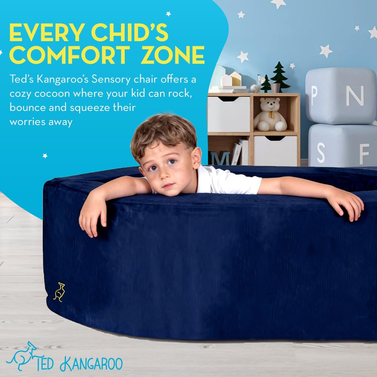 TED KANGAROO Sensory Chair for Kids — Sensory Soft Canoe for Children – Deluxe Adjustable Compression Peapod Foam Dark Blue
