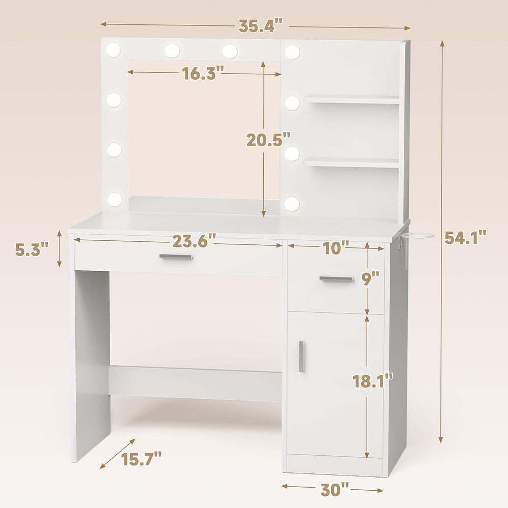 JUMMICO 35.4 Inch Vanity Desk with Mirror & Charging Station, White | LED...