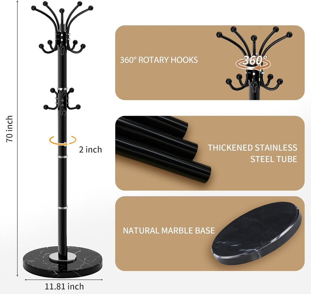 Metal Heavy Duty Coat Rack Stand, Modern Freestanding Coat Rack with Natural Marble Base, 360° Roraty Coat Racks with 16 Hooks, Black Coat Hall Tree Hanger Stand for Entryway, Office