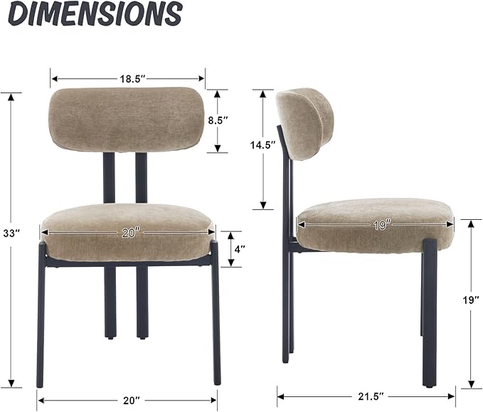 LukeAlon Chenille Dining Chairs Set of 4, Modern Curved Back Upholstered Dining Room Chairs with Black Metal Legs, Khaki