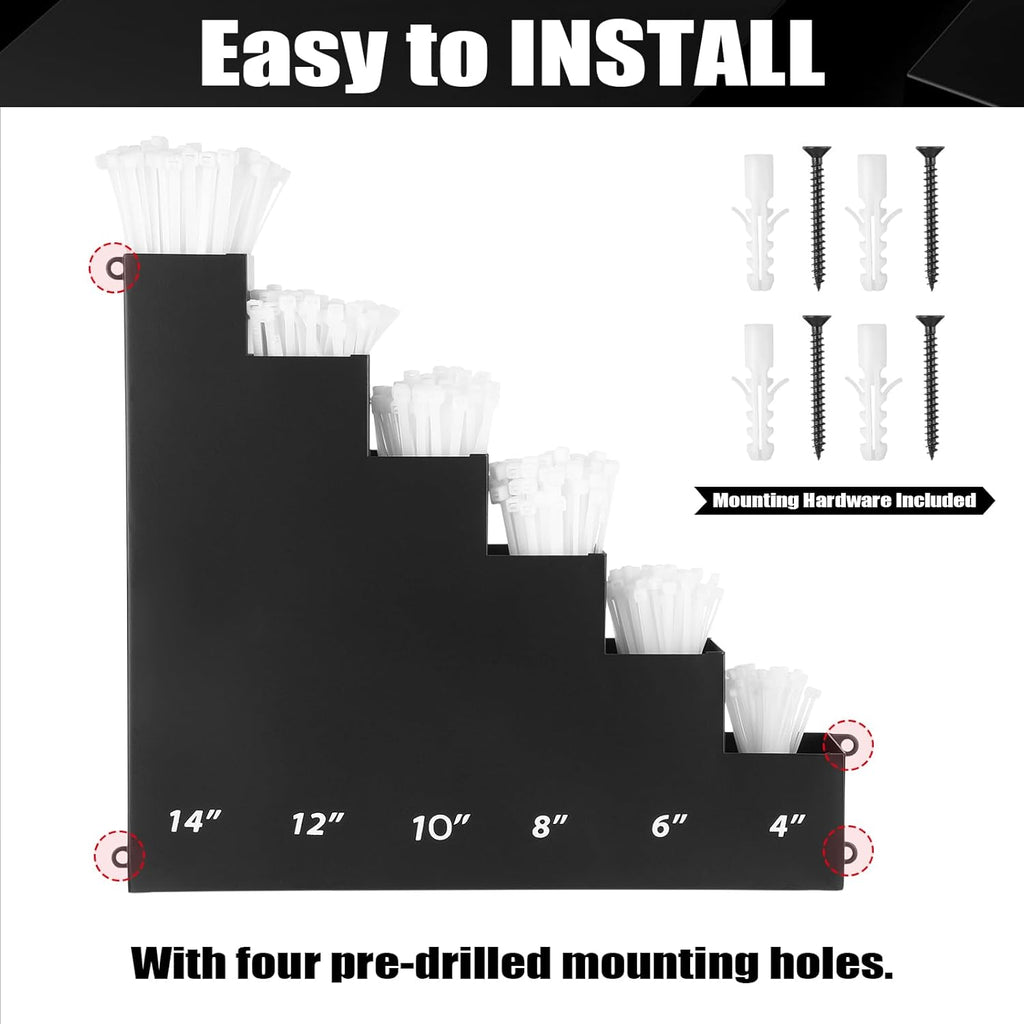Cable Zip Tie Storage Holder Rack Metal Zip Tie Organizer Wall Mount Pockets with Screws for Workshop Shed Garage Home Ties, Ties and Tools Not Include(Black,14 x 13 Inch,6 Pockets)