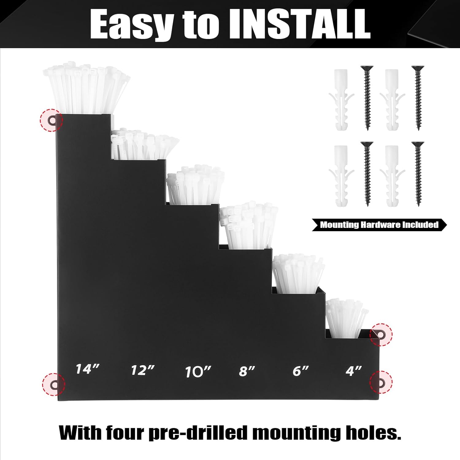 Cable Zip Tie Storage Holder Rack Metal Zip Tie Organizer Wall Mount Pockets with Screws for Workshop Shed Garage Home Ties, Ties and Tools Not Include(Black,14 x 13 Inch,6 Pockets)