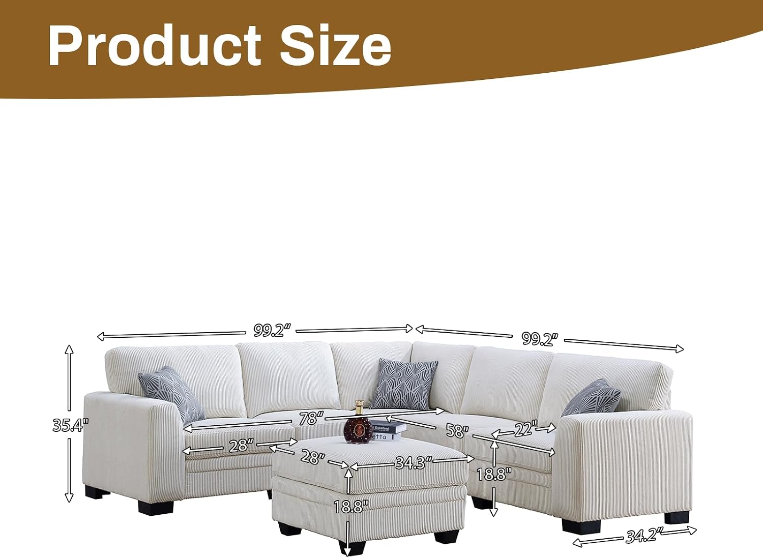 Legend Vansen U-Shaped Modular Sectional Sofa,Corduroy Couch with Ottoman,Deep Seat & Removable Cushion,6-Seat Oversized Sofa,Easy Assembly for Living Room Apartment