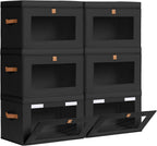 Collapsible Storage Bins - Large Stackable Organizer Bins, Decorative Boxes with Handles & Window, Fabric Containers for Living Room, Closet, Dorm, 6 Pack, Black