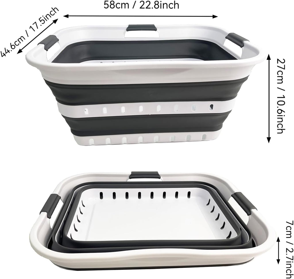 SAMMART Collapsible Plastic Rectangular Laundry Basket - Foldable Pop Up Storage Container/Organizer - Portable Laundry Hamper - Space Saving (White/Steel Grey, 42L)