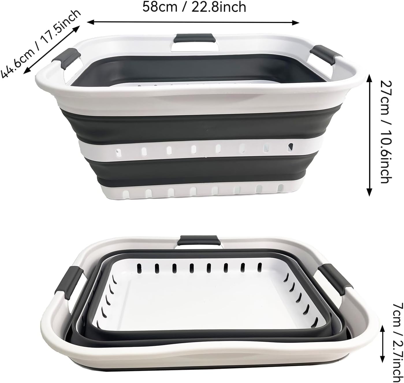SAMMART Collapsible Plastic Rectangular Laundry Basket - Foldable Pop Up Storage Container/Organizer - Portable Laundry Hamper - Space Saving (White/Steel Grey, 42L)