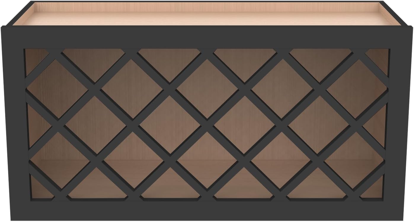 Solid Wood RTA Wine Bottle Rack Wall Cabinet with Lattice Panels Wine Storage for Bar, Pantry, Cellar, Countertop - Mocha (Charcoal Black, 36'W 12'D 18'H)
