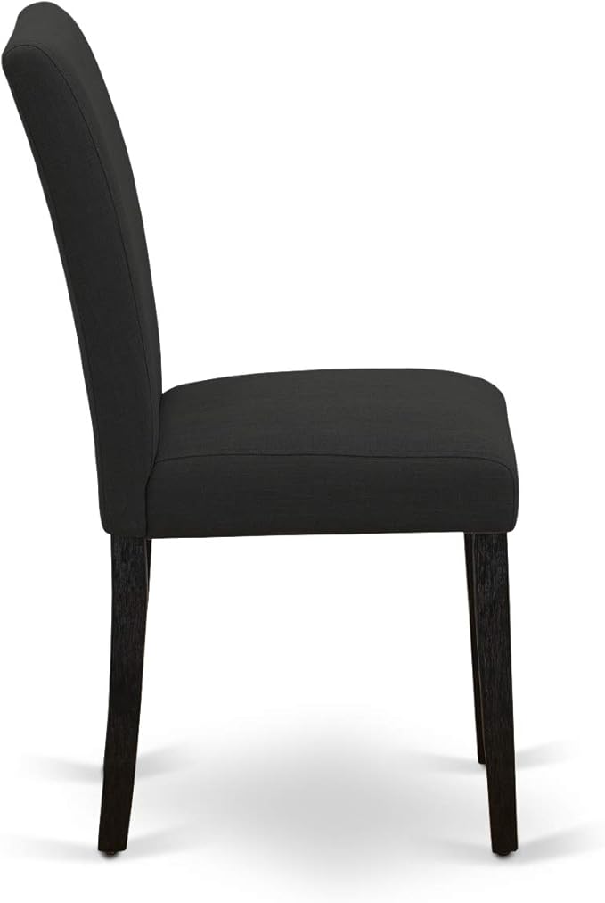 East West Furniture AMAB3-ABK-24 3 Piece Modern Dining Table Set Contains a Round Kitchen Table with Pedestal and 2 Black Color Linen Fabric Upholstered Chairs, 36x36 Inch, Wirebrushed Black