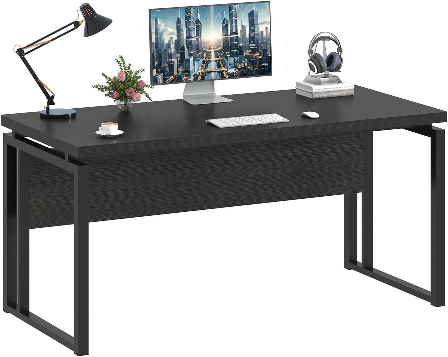 EXCEFUR Black Desk for Home Office, Modern Computer Desk, Wood and Metal Writing Study Table for Workstations, Living Room, Bedroom, 53 Inch