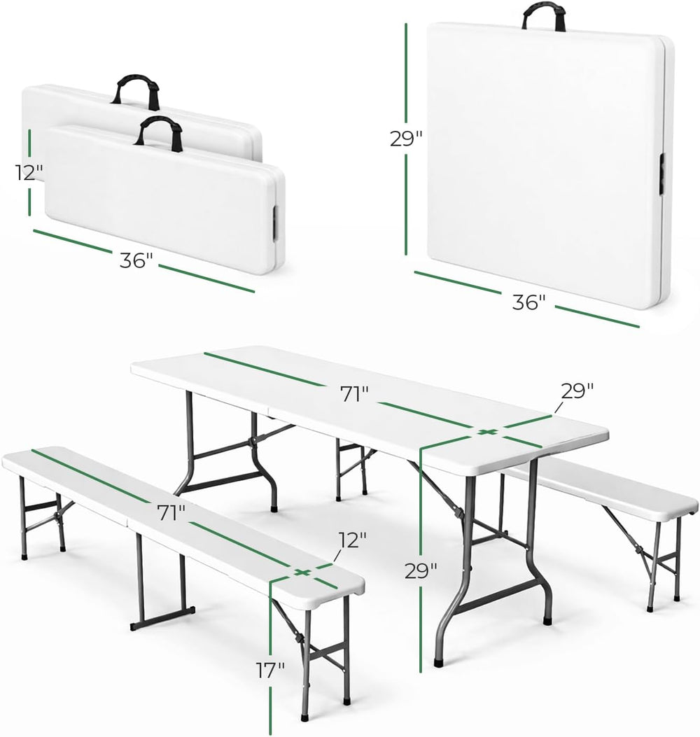 EconoHome 6 Ft White Plastic Folding Table Set with 2 Benches – Heavy-Duty Pi...