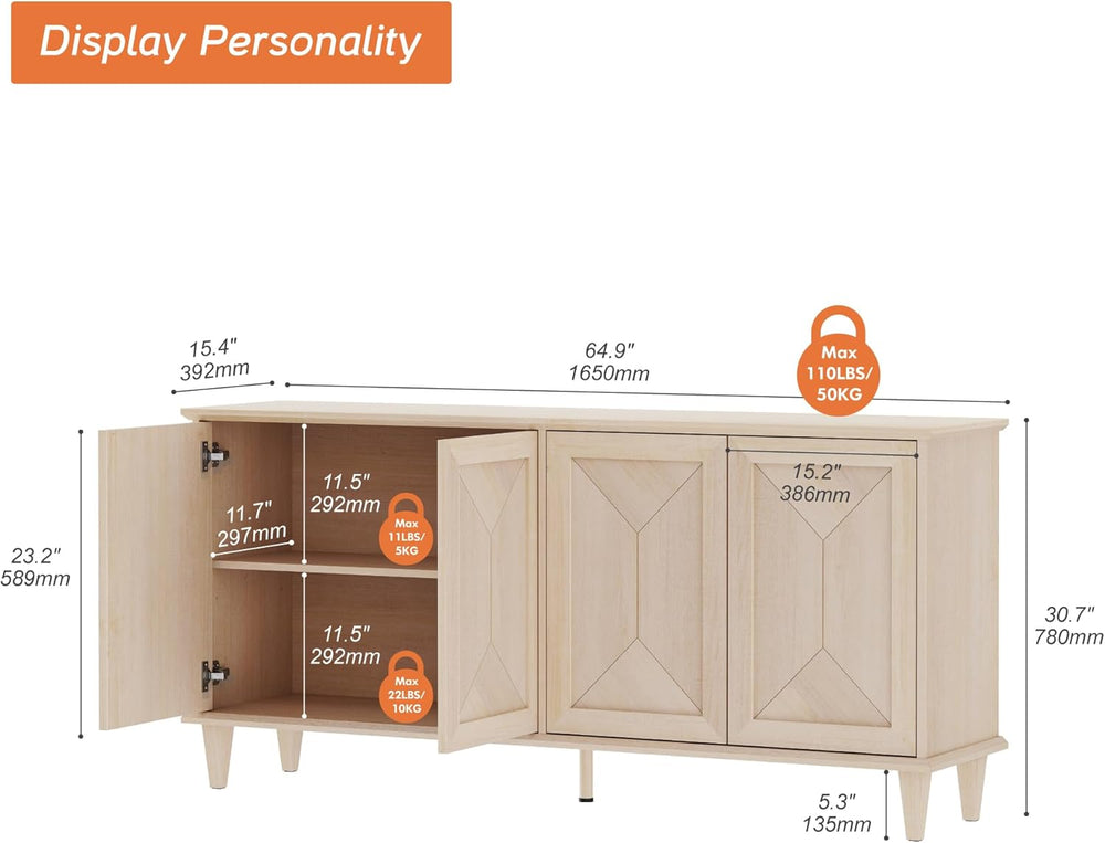 WAMPAT 65-inch Handcrafted Patchwork Decorative Buffet Cabinet with Pop-Up De...