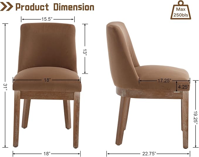 HNY Modern Dining Chairs Set of 2 with Comfortable Back Support, Farmhouse Soft Velvet Upholstered Kitchen Dining Room Chairs with Solid Wood Legs, Armless Accent Side Chairs for Living Room, Khaki
