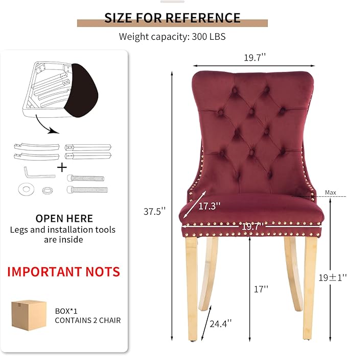 Mid Century Modern Dining Chairs Set of 2, Red Velvet Upholstered Tufted Back, Kitchen & Dining Room Chairs, Gold Metal Legs, Nailhead Trim, Sillas para Comedor (Red, 2 Pcs)