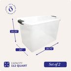 HOMZ 2-Pack Latching Lid, Large Clear Plastic Storage Bins w/Lids, 112 Quart, Gray Latch - Stackable Container Boxes for Home, Bathroom, and Office Organization