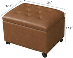 Leather Storage Ottoman,24’’Foot Rest Ottomans with Wheels and Hinged Lid Rectangle Upholstered Foot Stools Nailhead Trim for Living Room Bedroom,Vintage Golden Brown