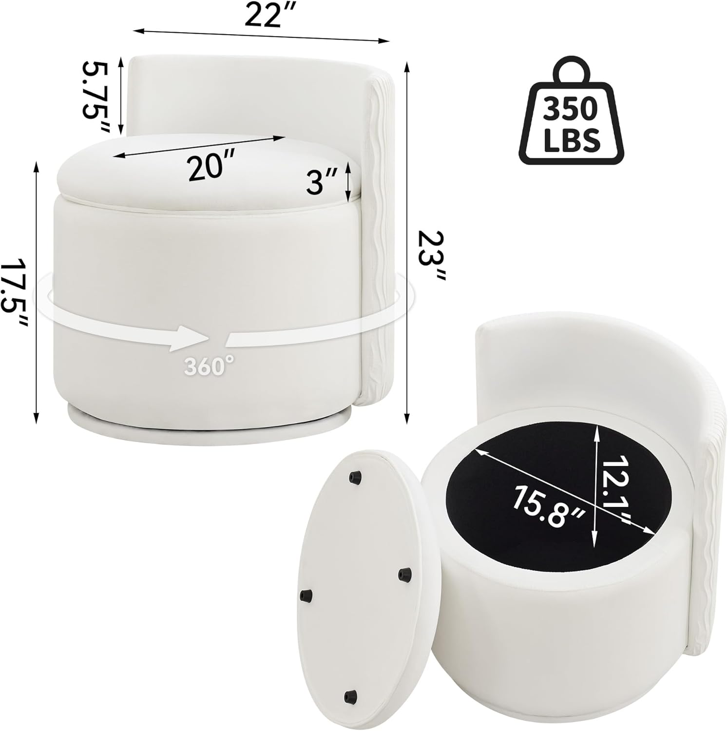 WUTUTUEE Large Velvet Vanity Chair with Storage, 360° Swivel Makeup Chair with Wave Back, No Assembly Small Accent Stool for Bedroom, Dressing, Living Room, White