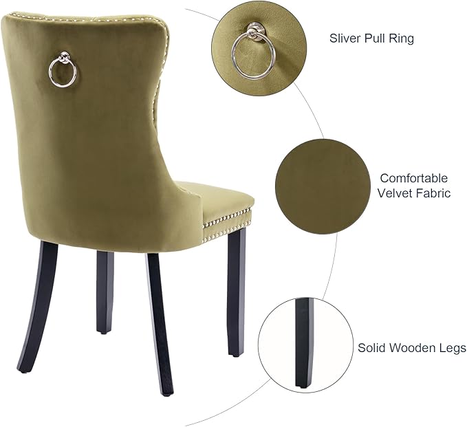 Velvet Kitchen Chairs Set of 6, Tufted Upholstered Dining Room Chairs with Back Ring Pull, Nailhead Trim and Solid Wood Legs, Modern Dining Chairs for Dining Room, Kitchen,Olive Green