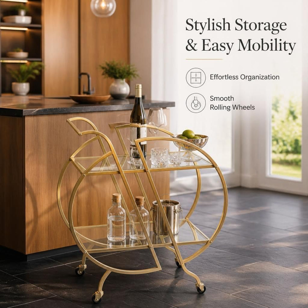 Multi-Purpose Round Rolling Serving Bar Cart with Lockable Caster Wheels, 2 M...