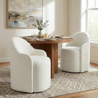 Upholstered Dining Chairs with Casters, No Assembly Modern Dining Room Chairs Accent Vanity Chair with 5 Wheels & Round Backrest for Bedroom, Living Room, Dressing, Linen Fabric, Set of 2