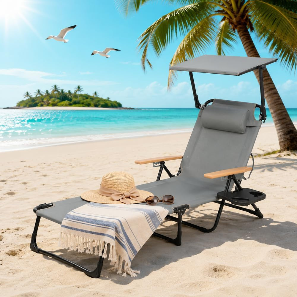 Folding Lounge Chair with Adjustable Canopy, Portable Sun Lounger with 4-Posi...