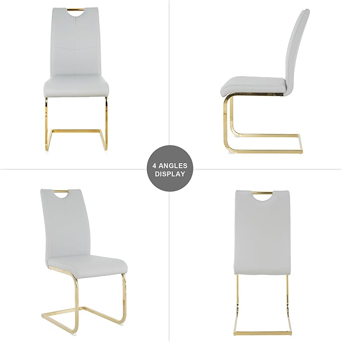 Goujxcy Dining Chairs Set of 6, Modern High Back Kitchen Chairs with Metal Legs and Faux Leather Padded Seat Upholstered Dining Chairs for Dining & Kitchen,Living Room (Light Gray&Gold, Set of 6)
