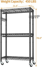 Heavy Duty Clothes Rack Rolling Garment Rack,3 Tier Adjustable Wire Shelving Clothing Racks for Hanging Clothes with Double Rods&Side Hooks,Freestanding Wardrobe Storage Rack Metal Portable Closet