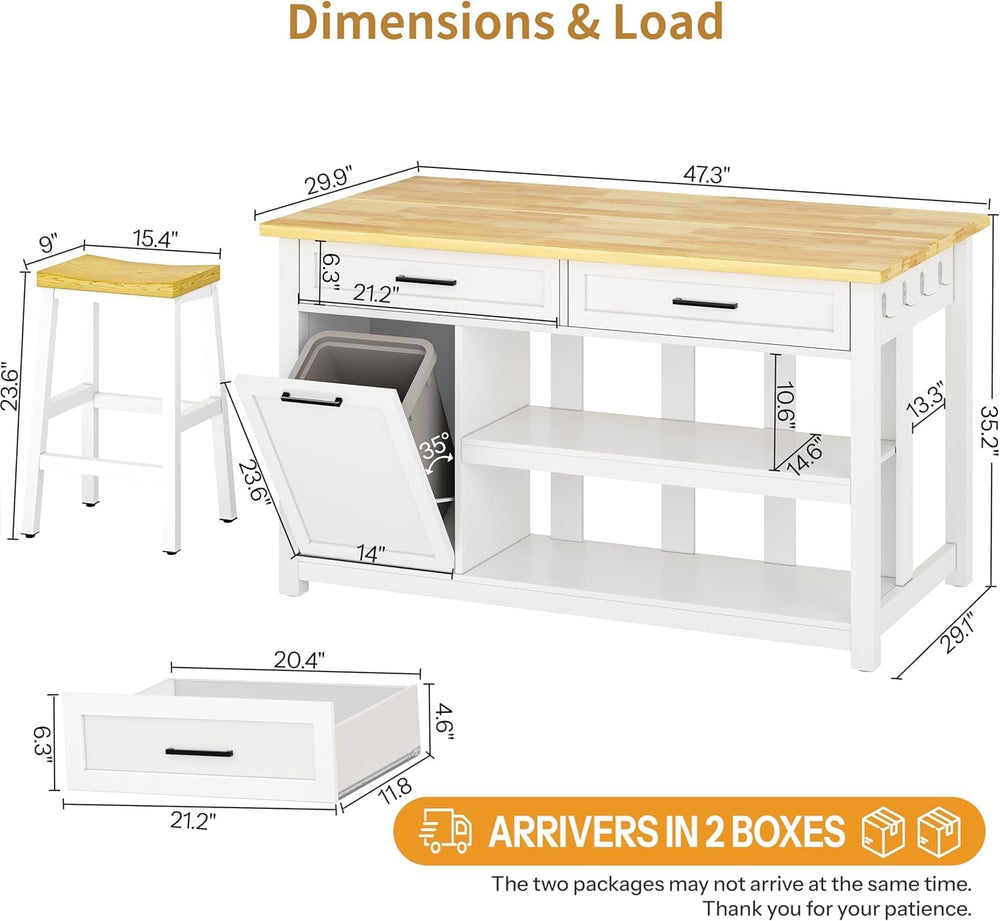 DynJest Kitchen Island with Storage and Seating Include 2 Bar Stools, White |...