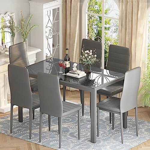 DKLGG Glass Dining Table Set for 6, Modern Kitchen Table with 6 PU Leather Ch...