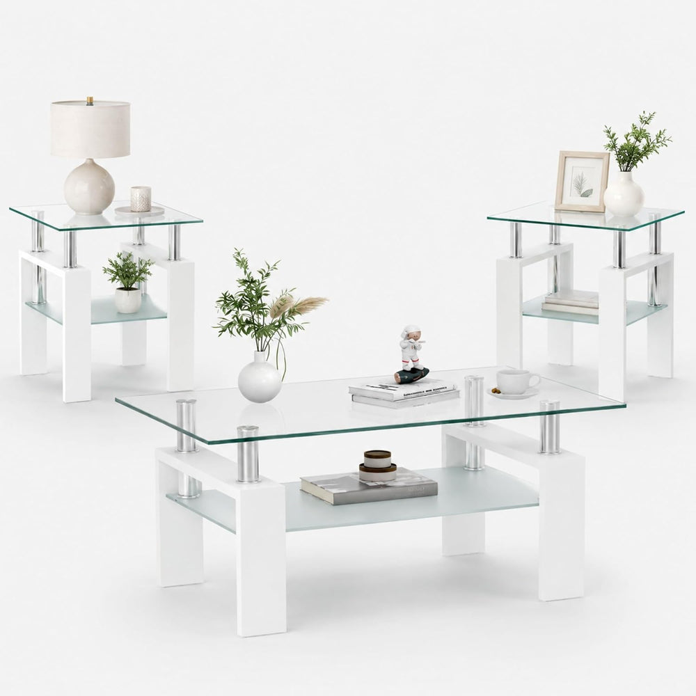 Meihua 3-Piece Glass Coffee Table Set, Center Table with 2 End Tables | Tempe...