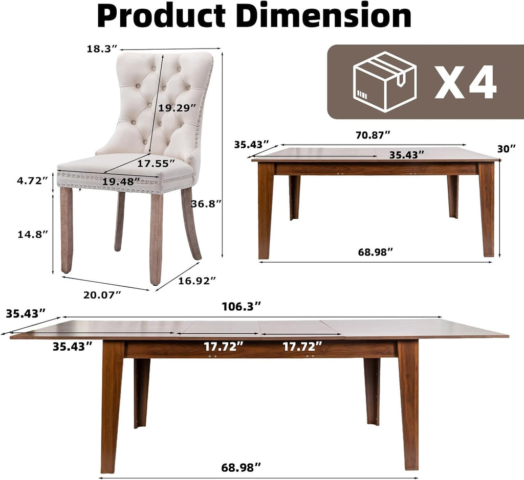 5 Piece Extendable Dining Table Set for 4-8 Person, Wooden Dining Room Table with 4 Chairs for Gatherings, Meeting for Small Kitchens, Dining Office Areas(Beige/Brown)