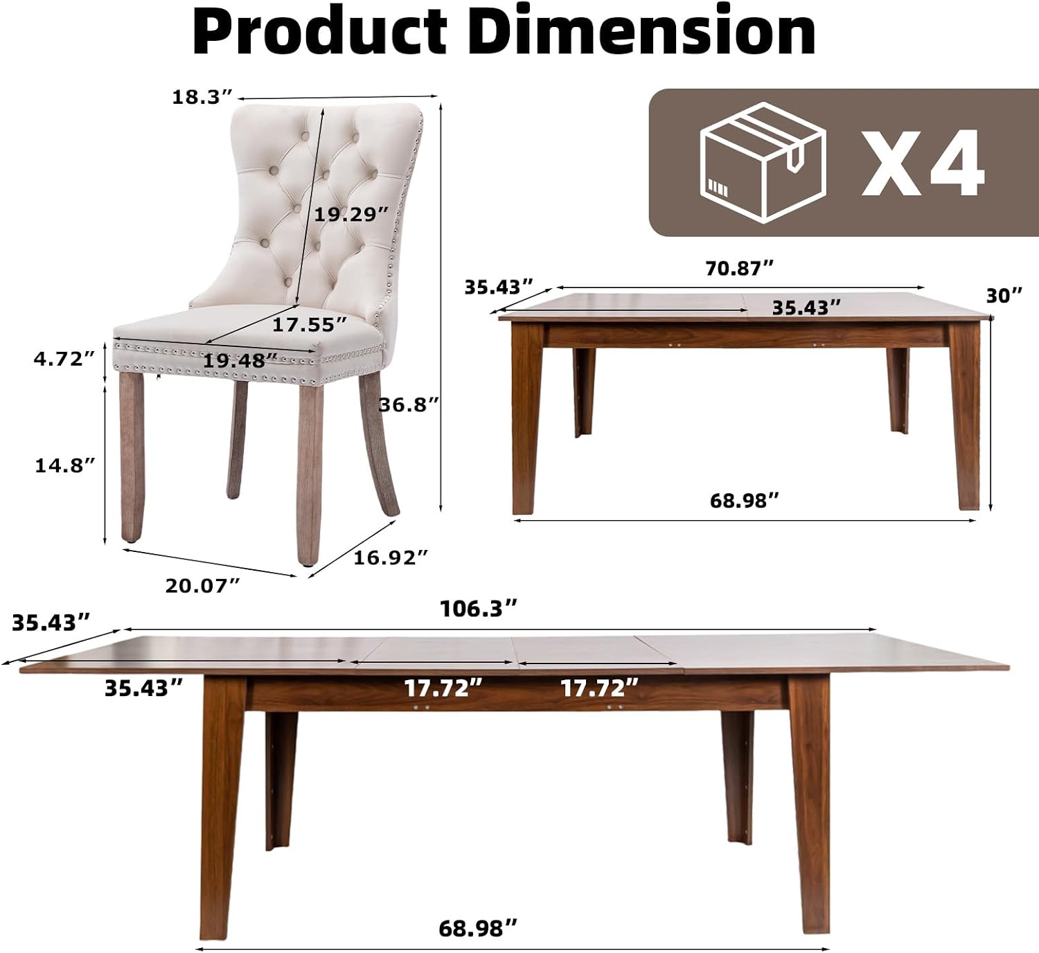 5 Piece Extendable Dining Table Set for 4-8 Person, Wooden Dining Room Table with 4 Chairs for Gatherings, Meeting for Small Kitchens, Dining Office Areas(Beige/Brown)