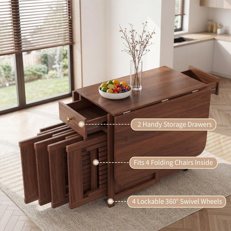Folding Drop Leaf Dining Table and Hidden Chairs for Small Spaces Kitchen | F...
