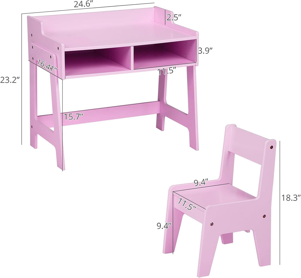 Desk and Chair Set with Storage Bins, Wooden Study Table, Writing Desk for Be...