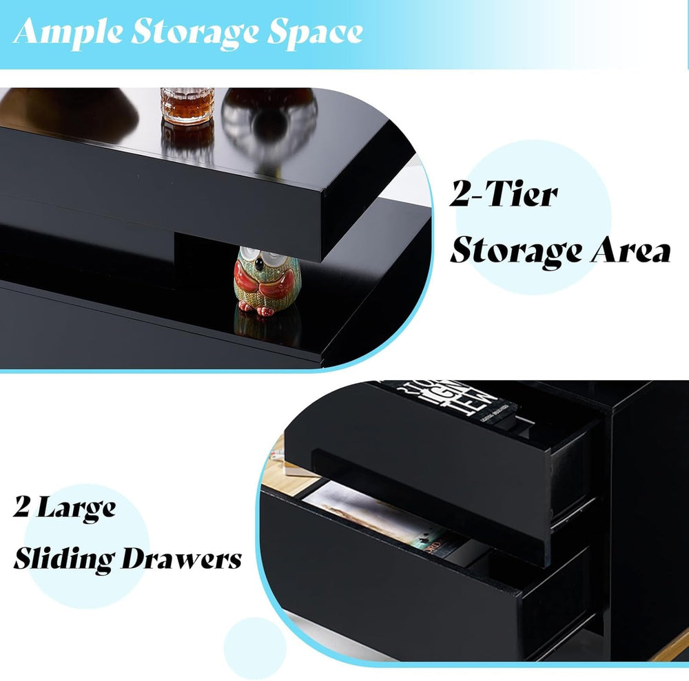 AMERLIFE High Gloss 3 Pieces Living Room Table Set, Modern LED Coffee Table S...