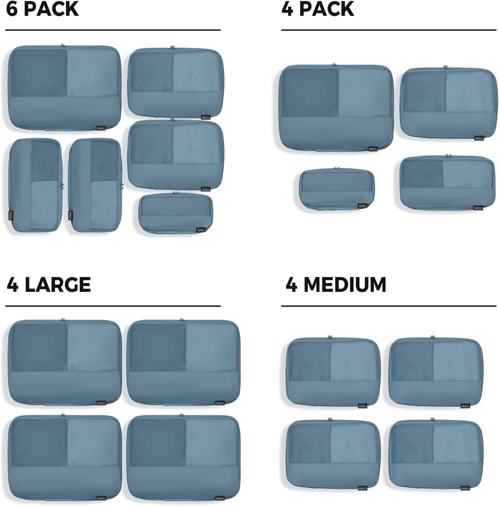 6 Piece Compression Packing Cubes for 7–14 Day Travel, Gray Blue